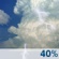 Today: A 40 percent chance of showers and thunderstorms, mainly after 11am.  Partly sunny, with a high near 79. Calm wind. 