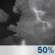 Tuesday Night: A 50 percent chance of showers and thunderstorms.  Mostly cloudy, with a low around 67. West wind 5 to 10 mph becoming east in the evening. 